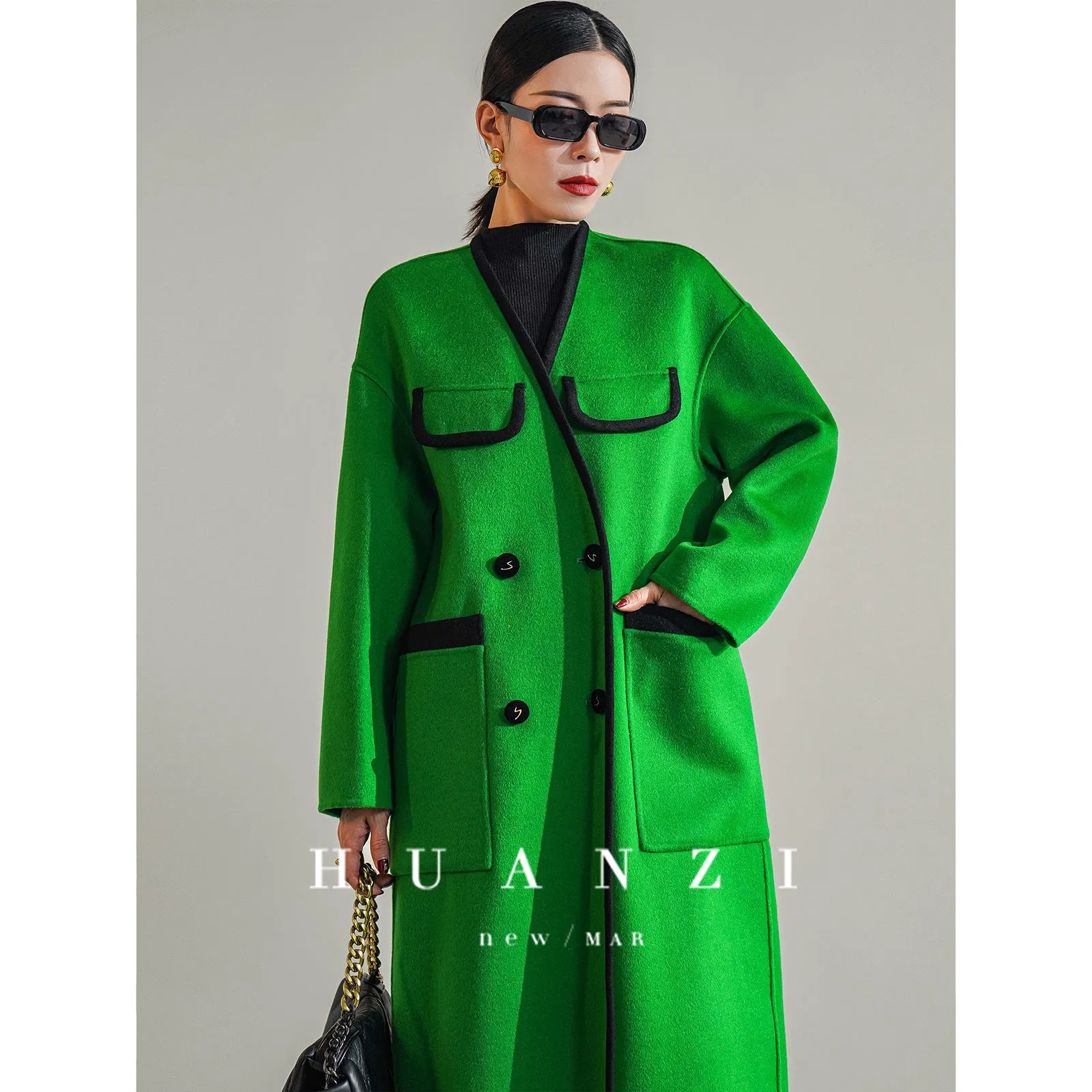 Huanzi high-definition Australian wool design sense mid-length double-sided woolen coat- Calisa