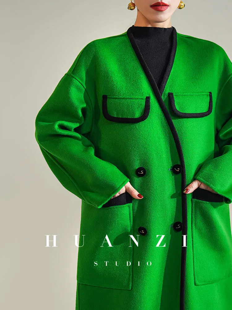 Huanzi high-definition Australian wool design sense mid-length double-sided woolen coat- Calisa