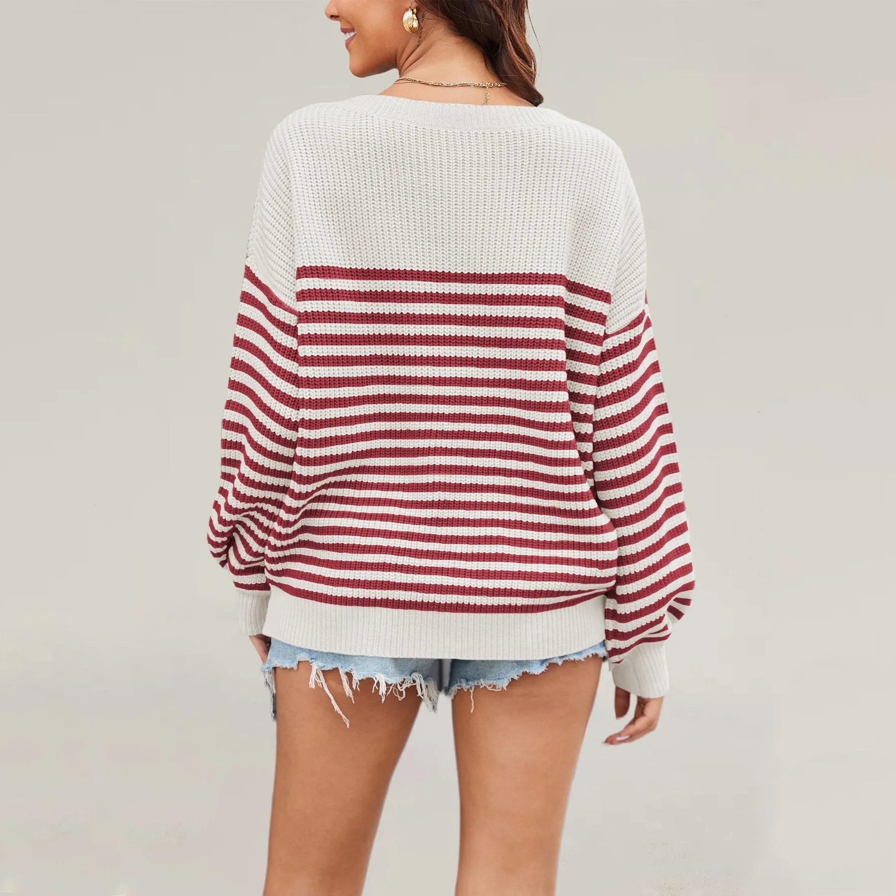 IvyShape | Autumn Winter Round Neck Striped Loose Sweater