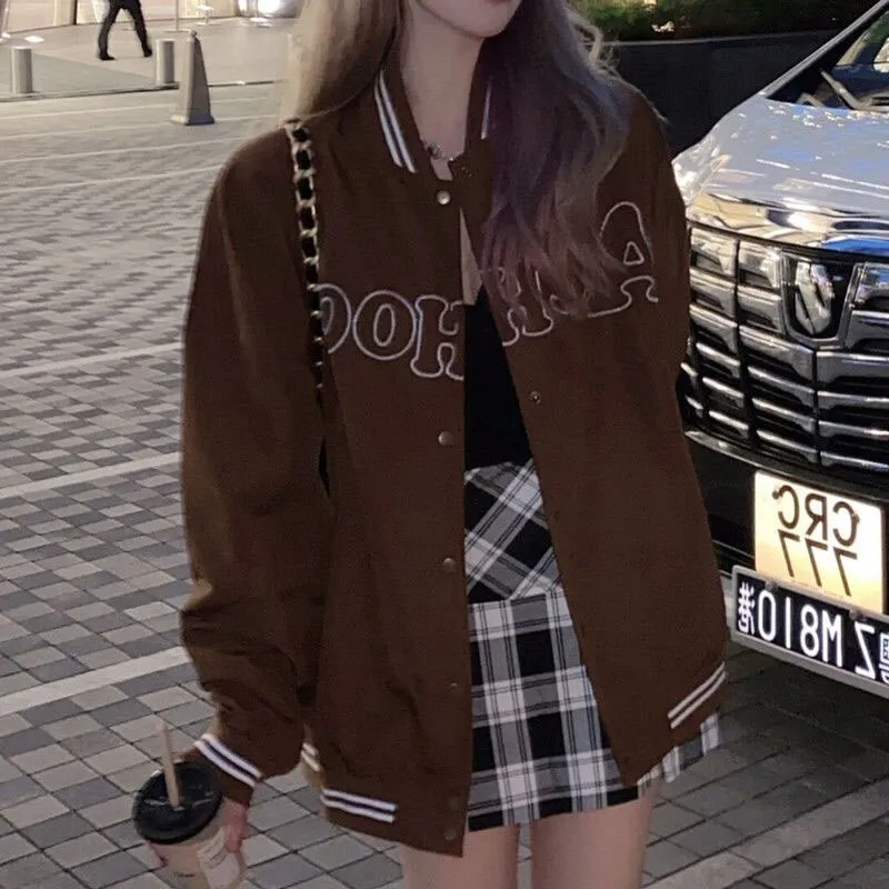 Joskaa JESSIC American Retro Street Brown Sweater Female Hip-Hop Tide Ins Cool Autumn High Street Baseball Uniform Jacket New Fashion