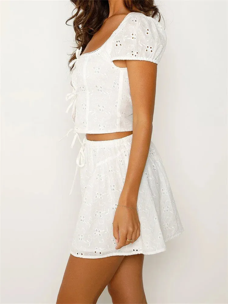 JuliaFashion - Hollow Out Lace Flower Short Sleeve Tie-up T-shirts Mini Skirts Suits