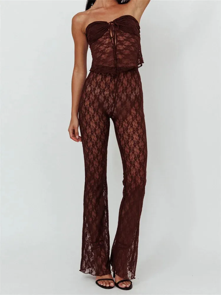 JuliaFashion - Lace Bustiers Strapless Off Shoulder Tops Mesh See Through Flare Pants Suits