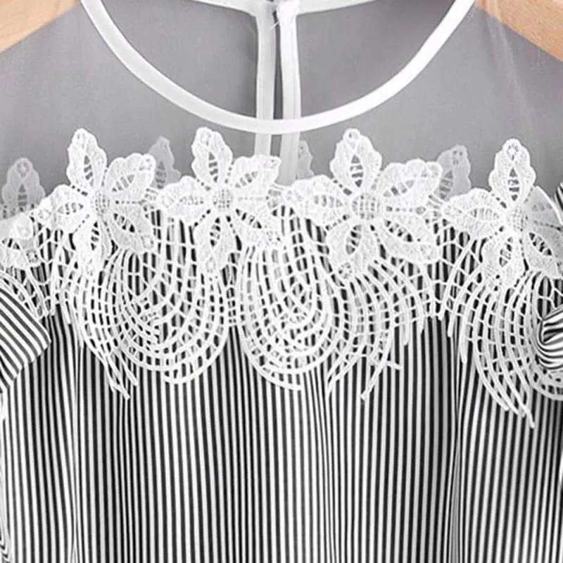 Lace Accent Short Sleeve Off Shoulder Lace Striped Casual Top