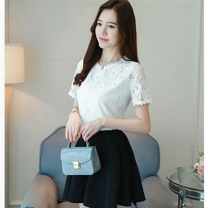 Lace Short Sleeve O-Neck Elegant White Top and Blouse