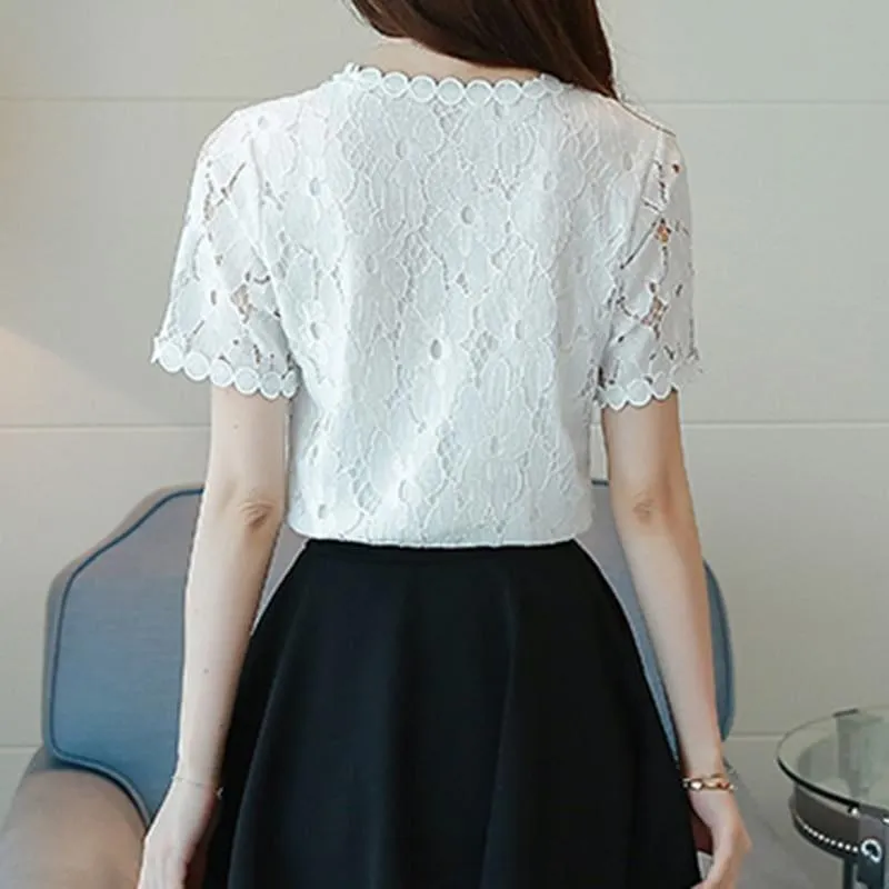 Lace Short Sleeve O-Neck Elegant White Top and Blouse