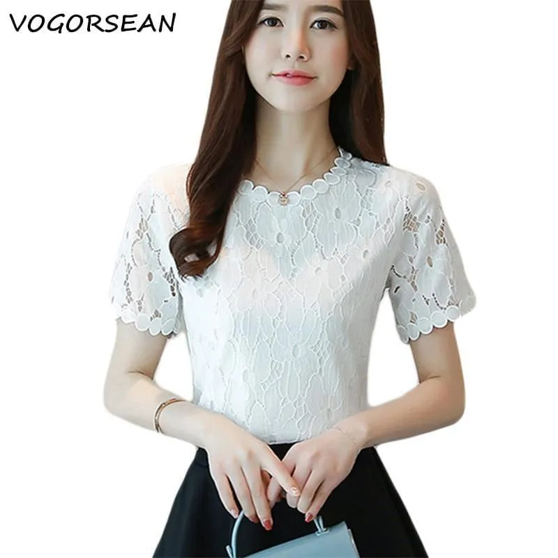 Lace Short Sleeve O-Neck Elegant White Top and Blouse