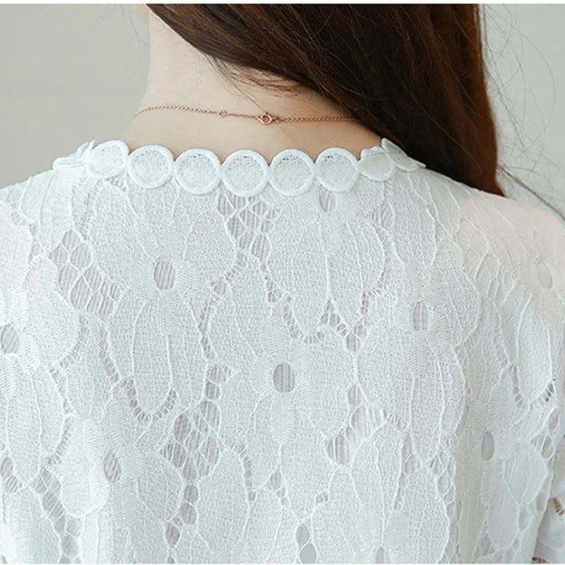 Lace Short Sleeve O-Neck Elegant White Top and Blouse