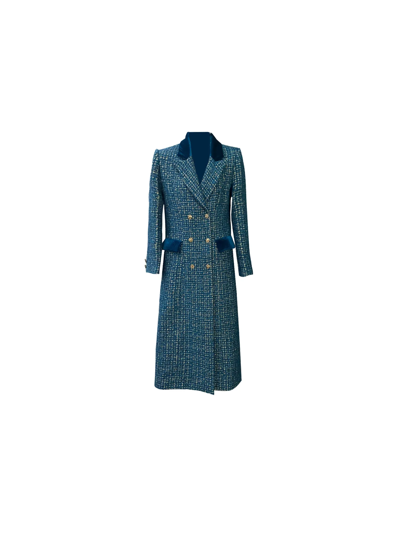 Lady's luxury high-end retro big peacock blue splicing bright silk design wool long coat- Jessy