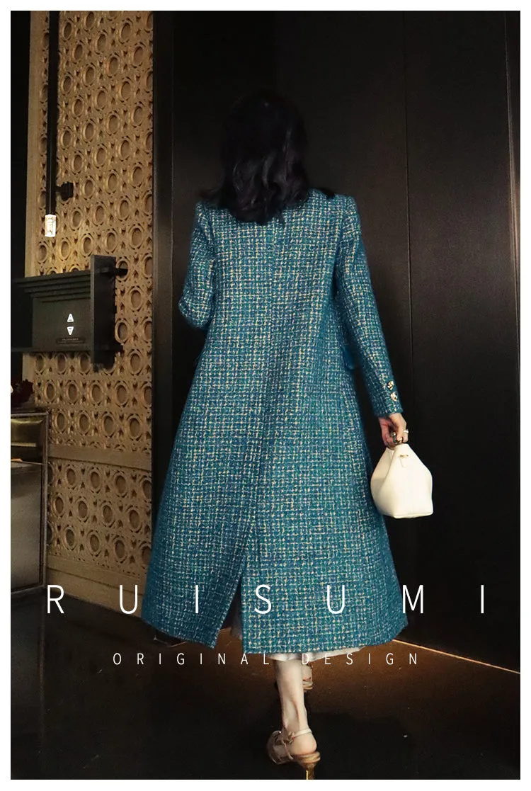 Lady's luxury high-end retro big peacock blue splicing bright silk design wool long coat- Jessy