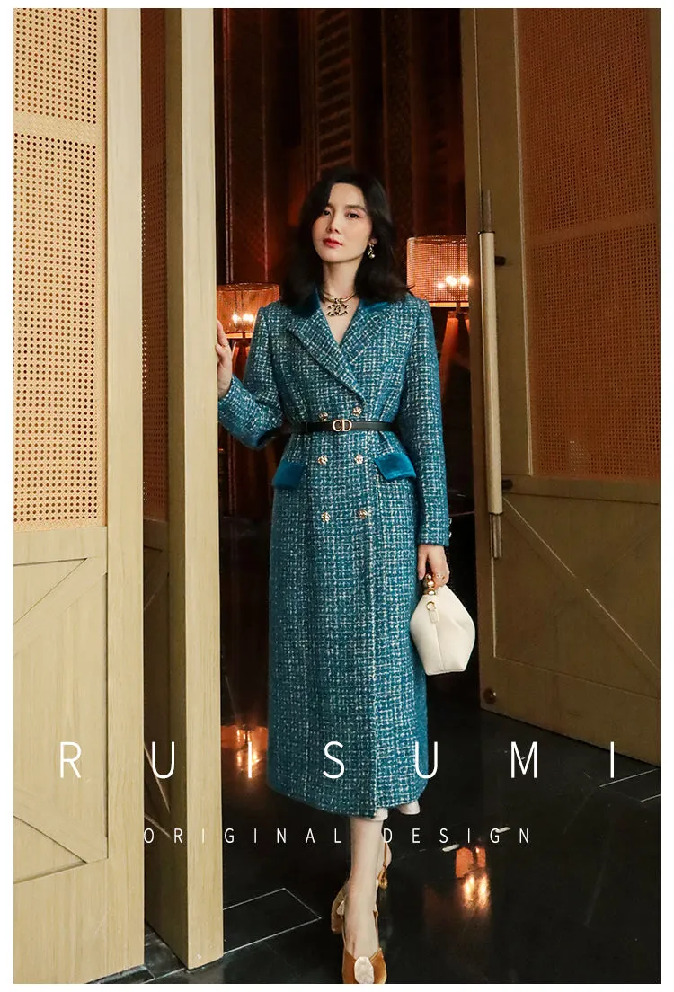 Lady's luxury high-end retro big peacock blue splicing bright silk design wool long coat- Jessy