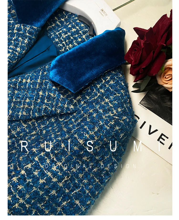 Lady's luxury high-end retro big peacock blue splicing bright silk design wool long coat- Jessy