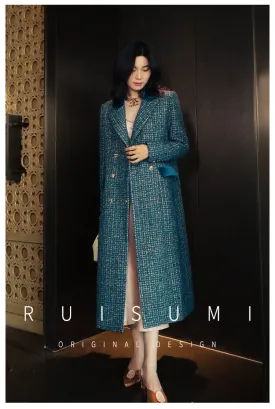 Lady's luxury high-end retro big peacock blue splicing bright silk design wool long coat- Jessy