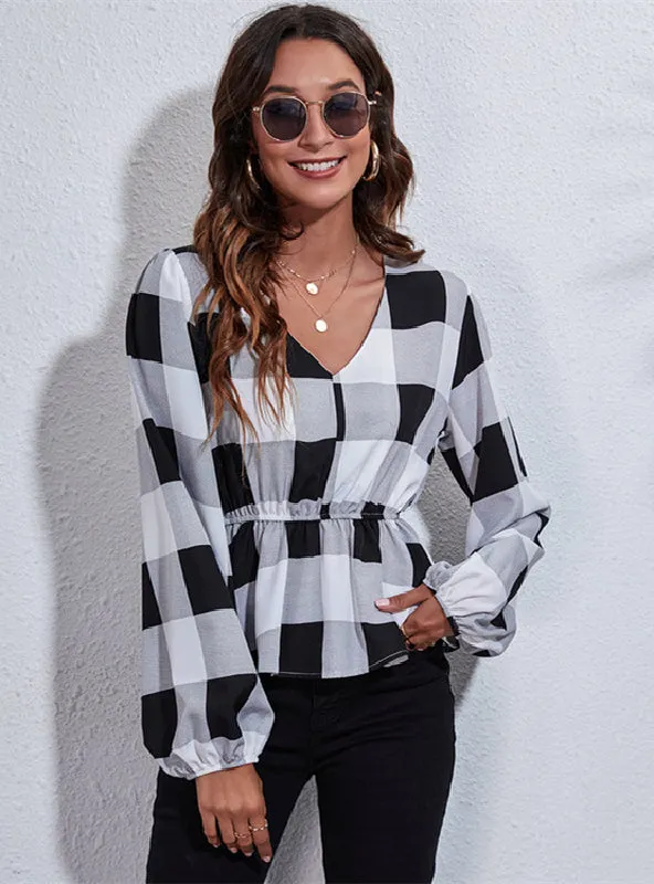 Large Plaid Printed Lantern Sleeve Waist V-neck Blouse