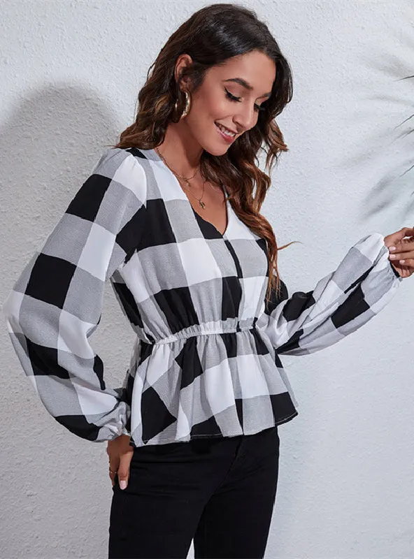 Large Plaid Printed Lantern Sleeve Waist V-neck Blouse