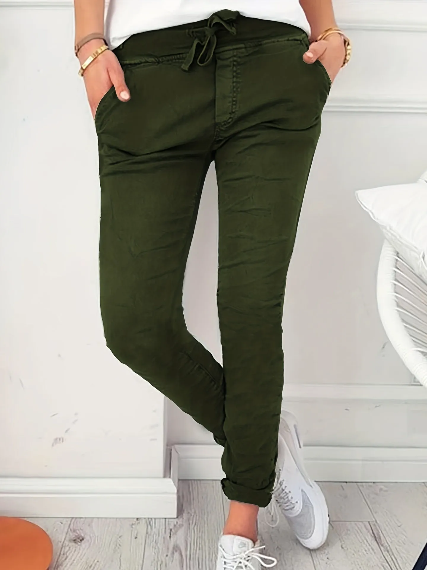 Long Length Drawstring Pants, Casual Solid Women's Clothing With Pockets