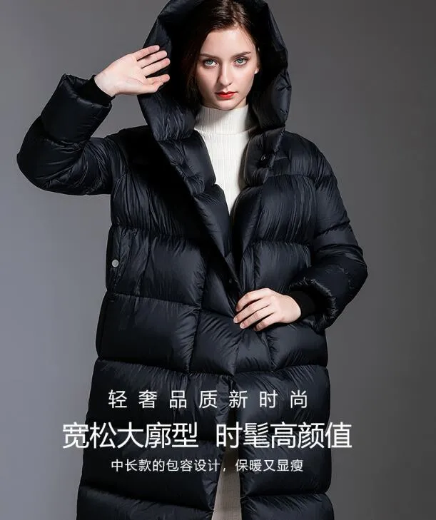 Loose Long Women Down Coat Winter Loose 90% Hooded Duck Down Jackets 2200