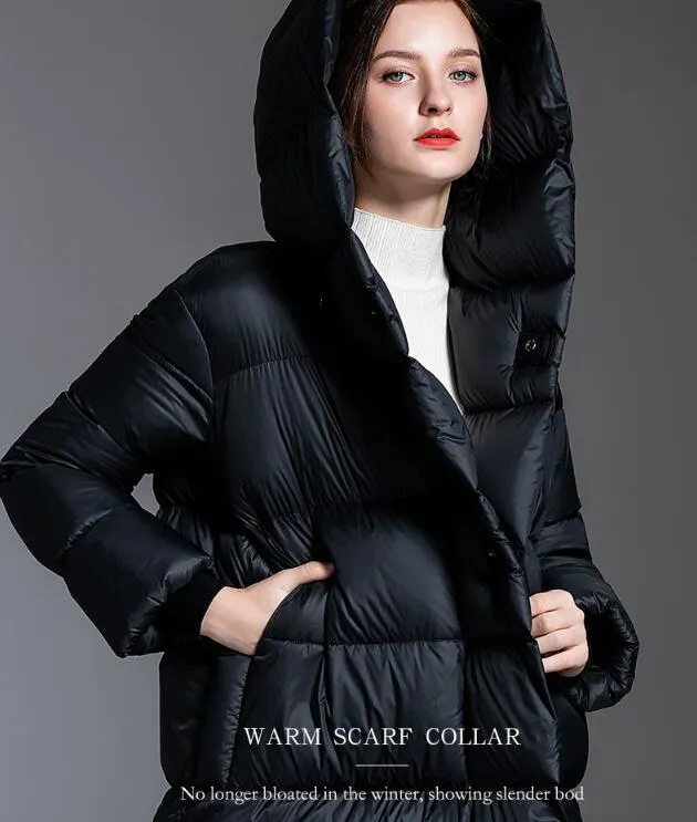 Loose Long Women Down Coat Winter Loose 90% Hooded Duck Down Jackets 2200