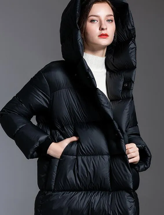 Loose Long Women Down Coat Winter Loose 90% Hooded Duck Down Jackets 2200