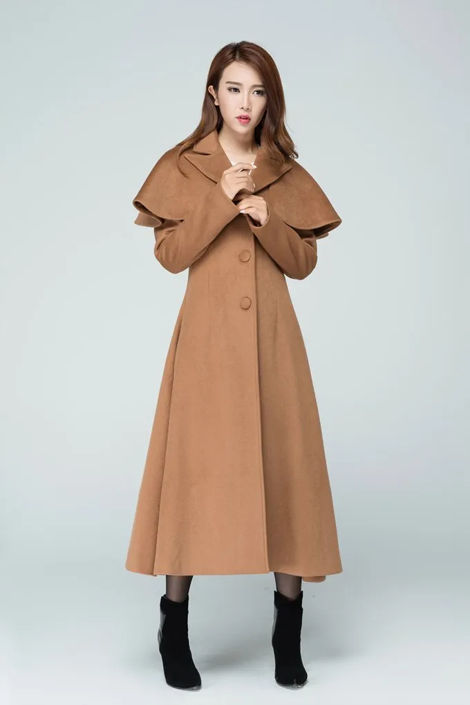 Maxi Wool Coat With Capelet For Women 1599#