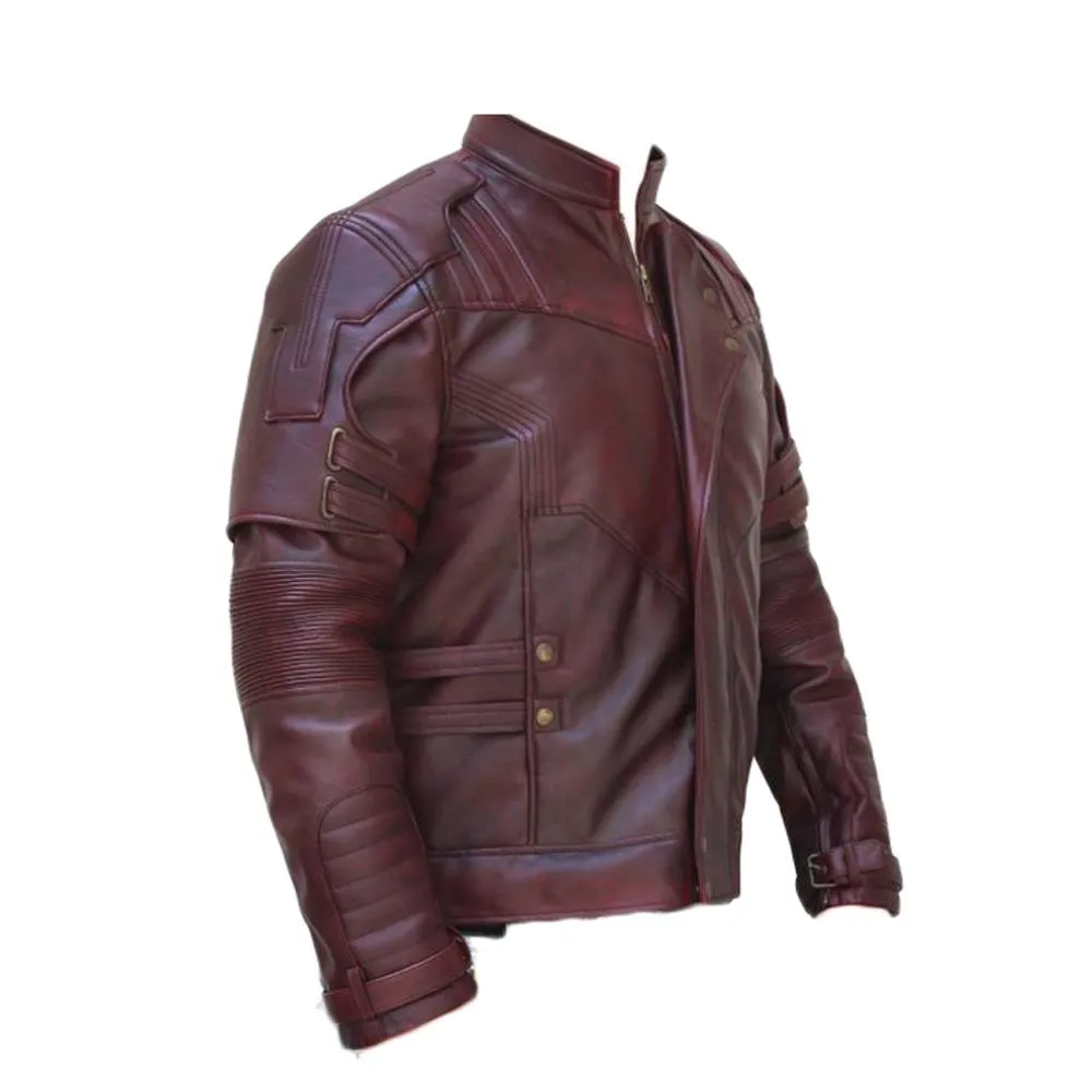 Men Burgundy Lapel Strips Military Leather Jacket