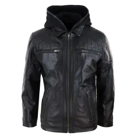 Men's Black Hoodie Leather Jacket Removable Hood Zip Napa