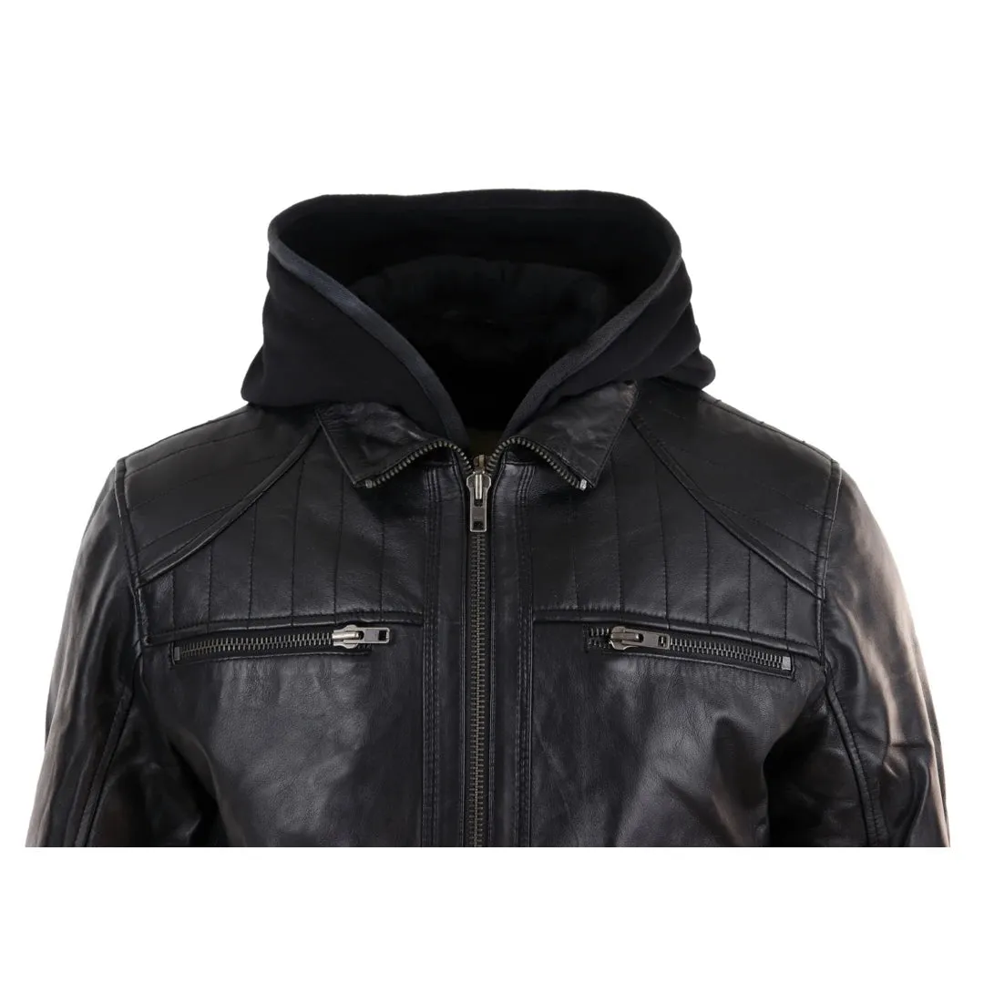 Men's Black Hoodie Leather Jacket Removable Hood Zip Napa