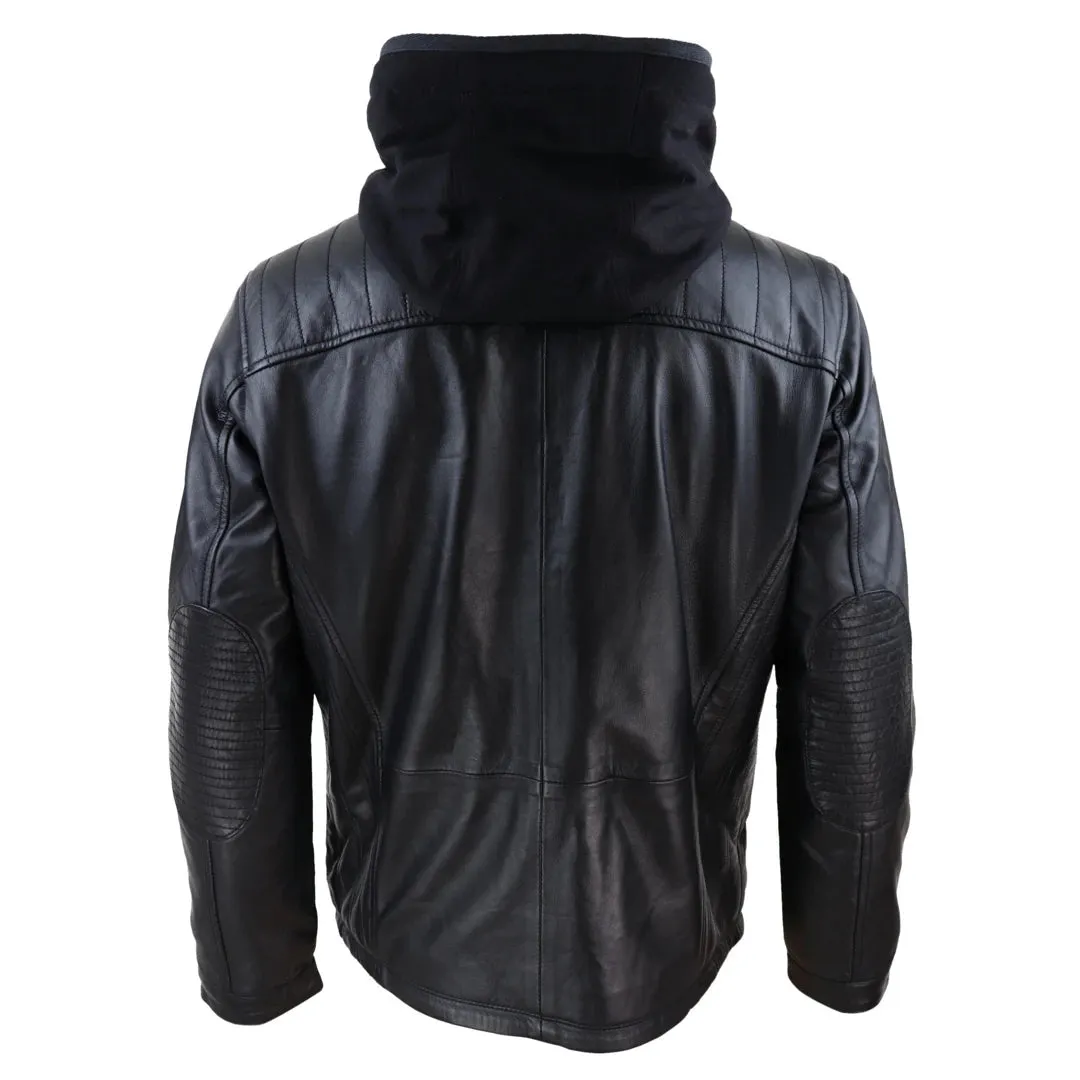 Men's Black Hoodie Leather Jacket Removable Hood Zip Napa