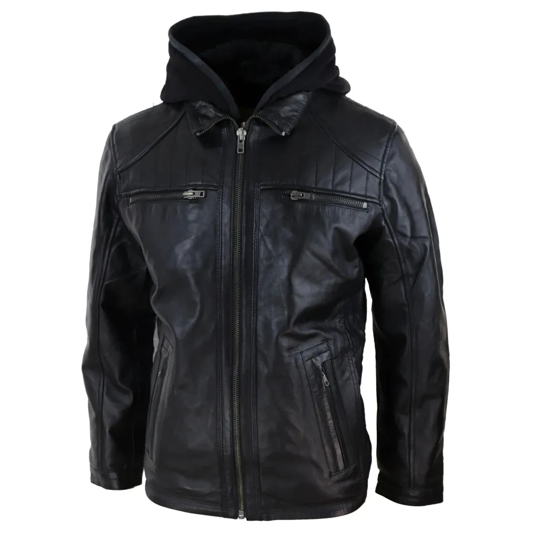 Men's Black Hoodie Leather Jacket Removable Hood Zip Napa