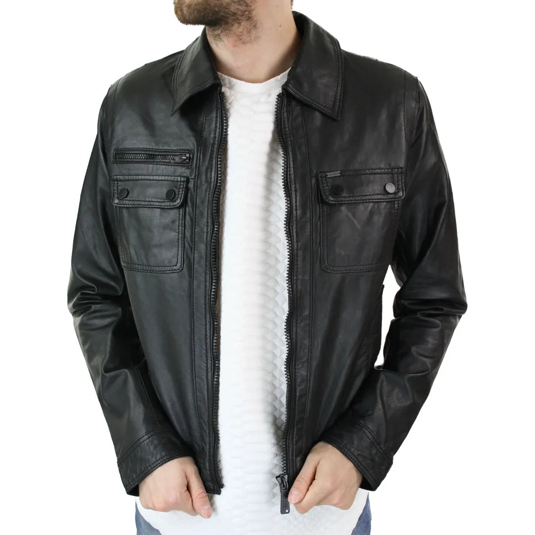 Men's Black Zip Classic Leather Short Jacket