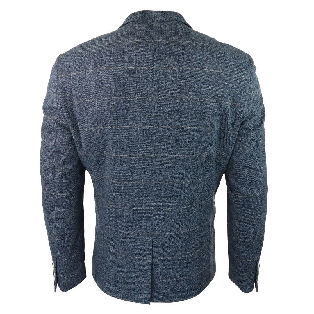 Mens Blue Check Blazer Herringbone Tweed Vintage Tailored Fit Grey Velvet