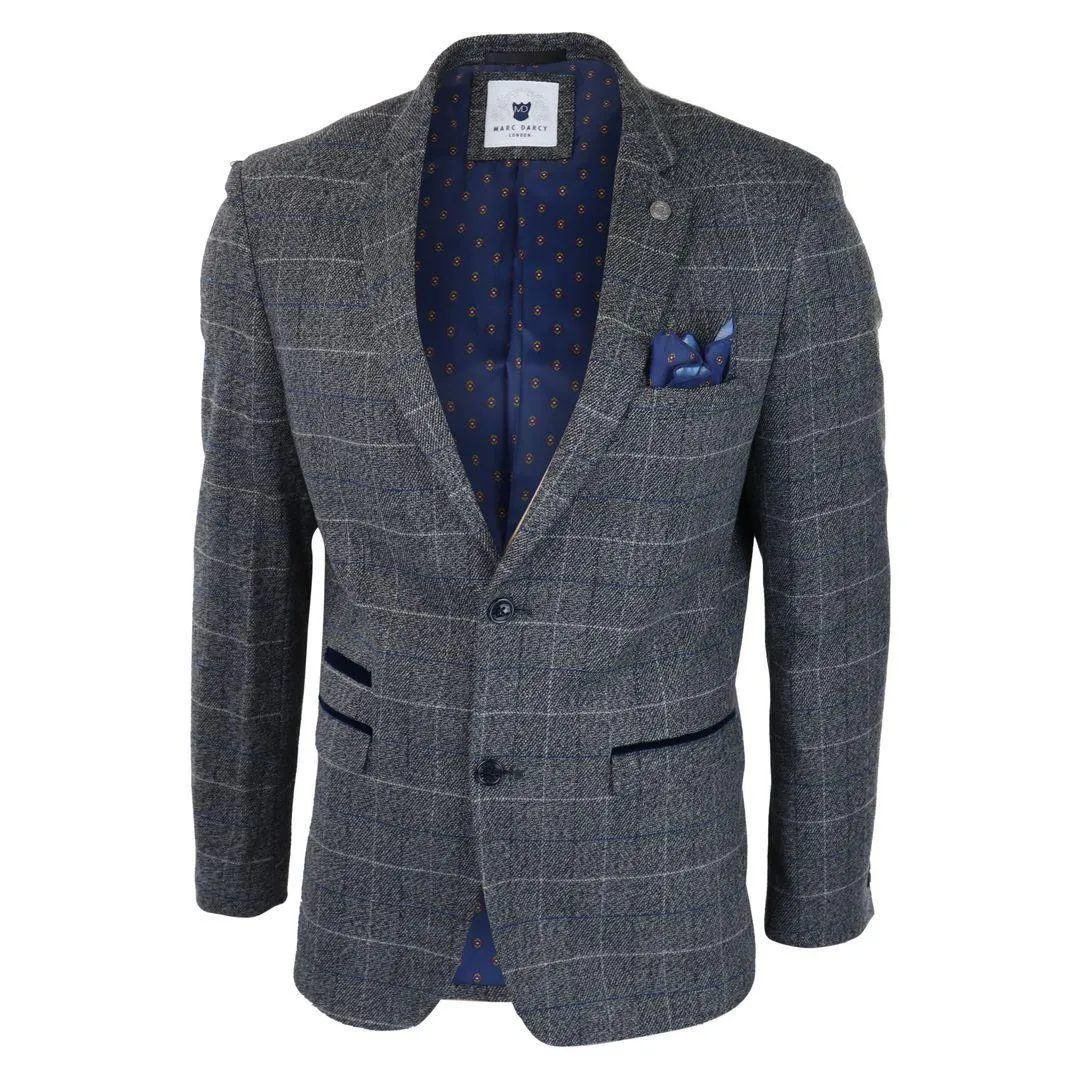 Mens Blue Check Blazer Herringbone Tweed Vintage Tailored Fit Grey Velvet