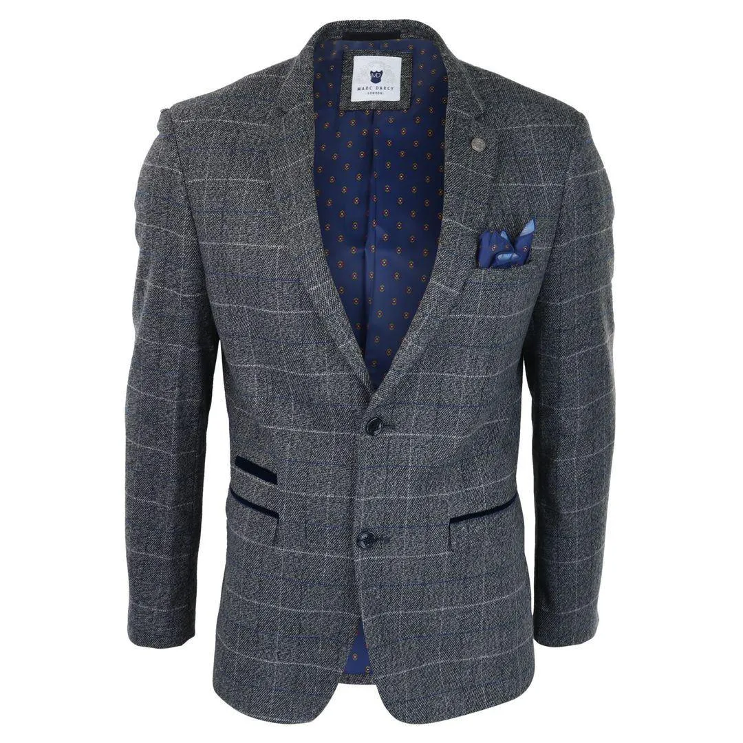 Mens Blue Check Blazer Herringbone Tweed Vintage Tailored Fit Grey Velvet