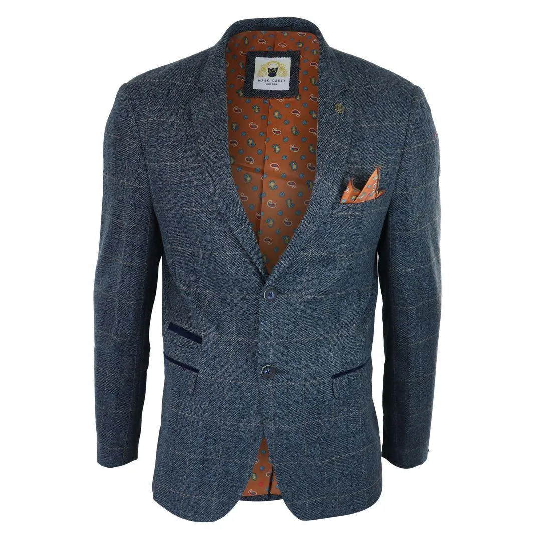 Mens Blue Check Blazer Herringbone Tweed Vintage Tailored Fit Grey Velvet