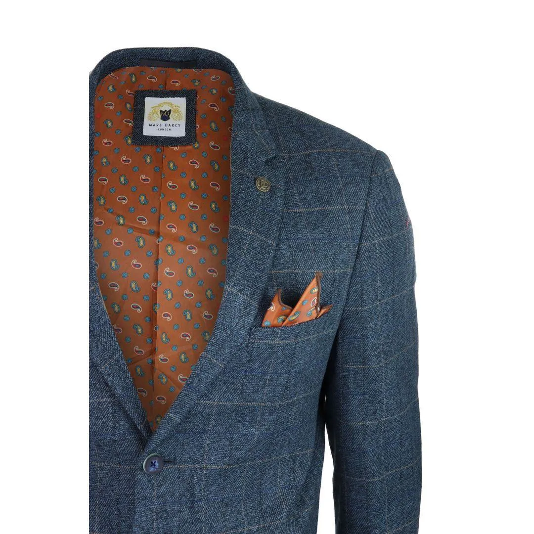 Mens Blue Check Blazer Herringbone Tweed Vintage Tailored Fit Grey Velvet