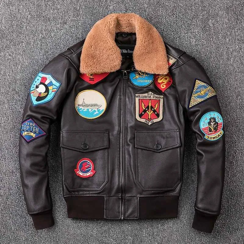 Mens Brown TOP GUN Pilot Leather Jacket with Fur Collar Aviator Coat