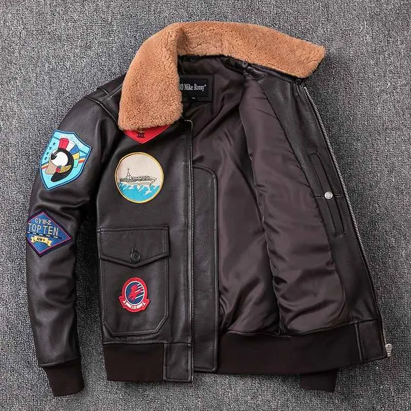 Mens Brown TOP GUN Pilot Leather Jacket with Fur Collar Aviator Coat