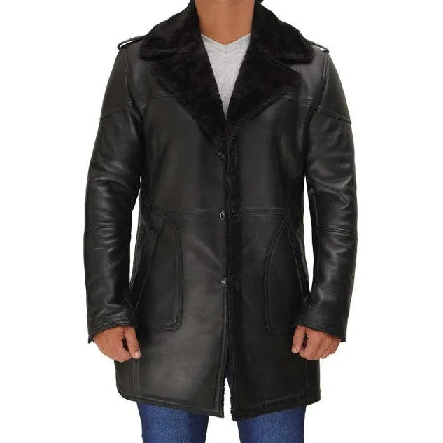 Mens Classic Shearling Long Coat in Black