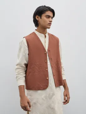 Mens Ethnicwear Brown Schiffli Designed Cotton Blend Jacket