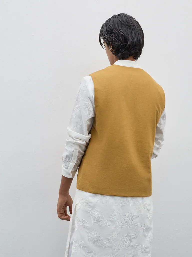 Mens Ethnicwear Yellow Schiffli Designed Cotton Blend Jacket