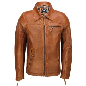 Mens Real Leather Jacket Classic Collar Retro Zip Up Biker Style Smart Slim Fit