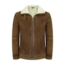 Men's Sherling Sheepskin Suede Jacket Brown Tan Zip Flying Pilot WW2