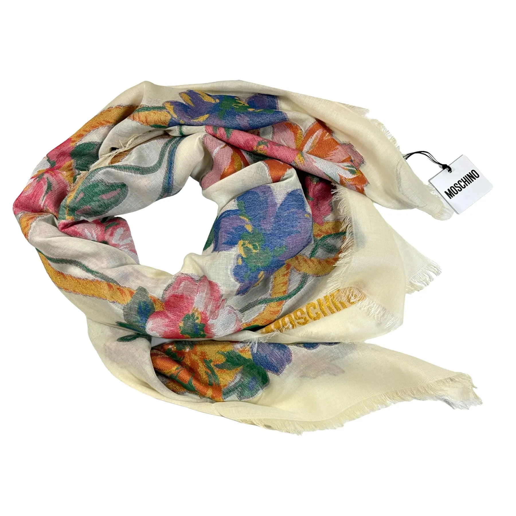 Moschino Scarf White Floral Design - Large 55 Inch Square Shawl - 2024 Collection