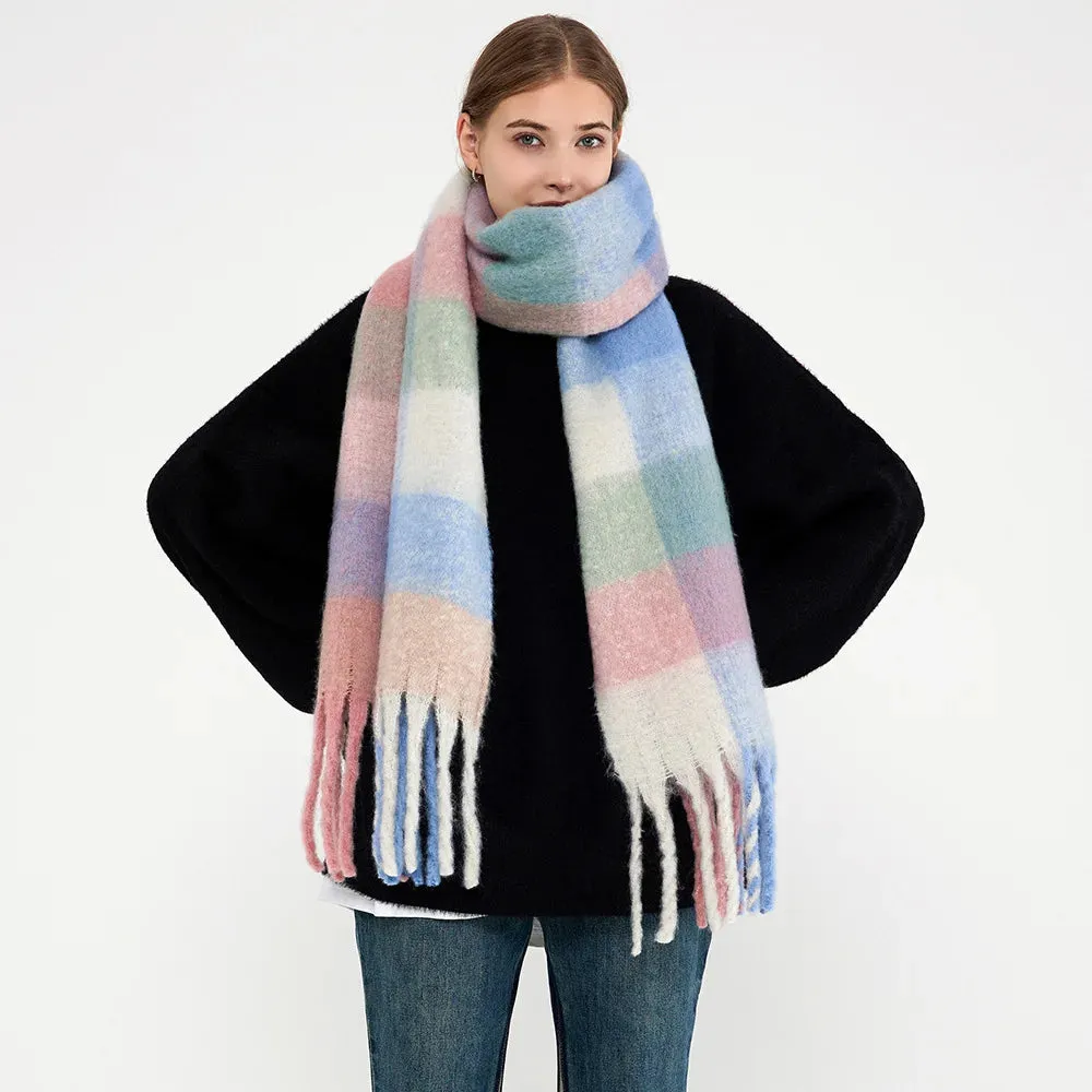 New Winter Warm Plaid Tassel Rainbow Faux Cashmere Long Muffler Scarf