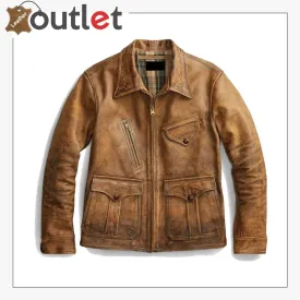 Newboy Vintage Style Distressed Tan Leather Jacket Mens