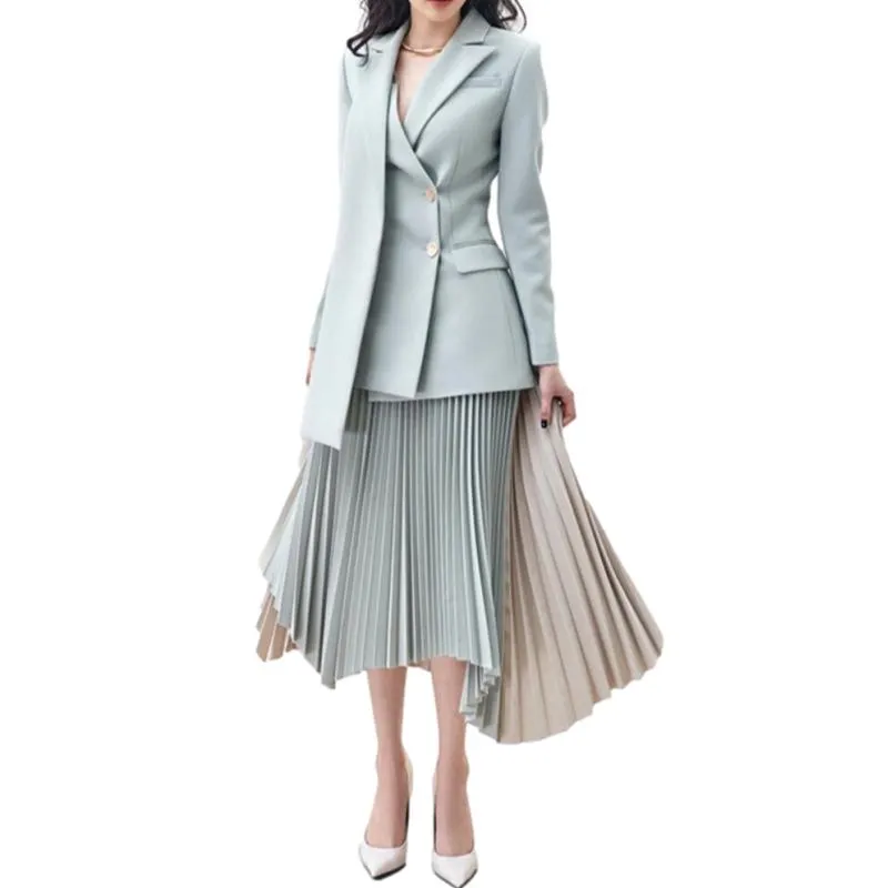 Notched Double Breasted Blazer High Waist Contrast Color Pleated Skirt