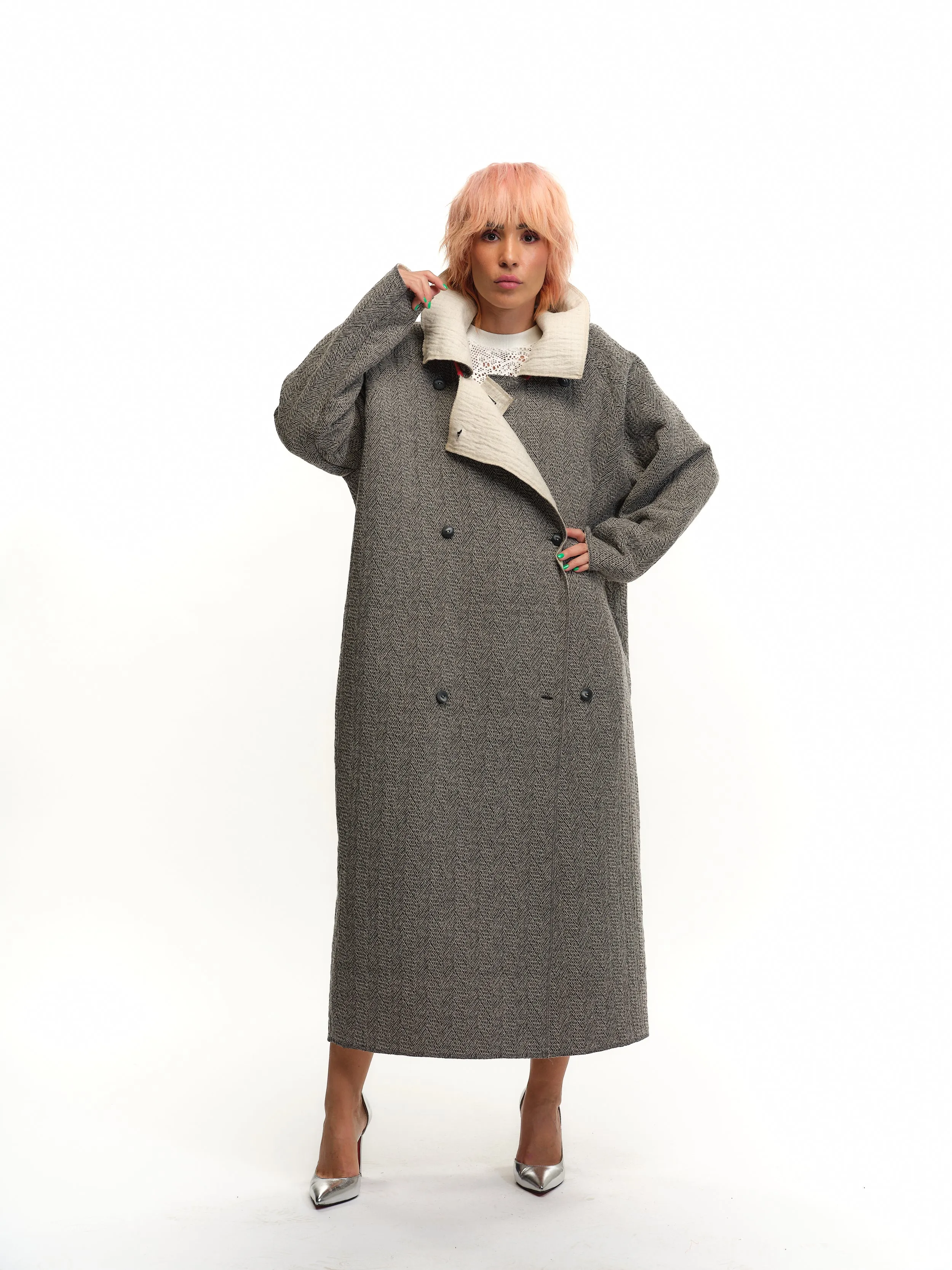 Oversized Two-Tone Wool-Blend Coat