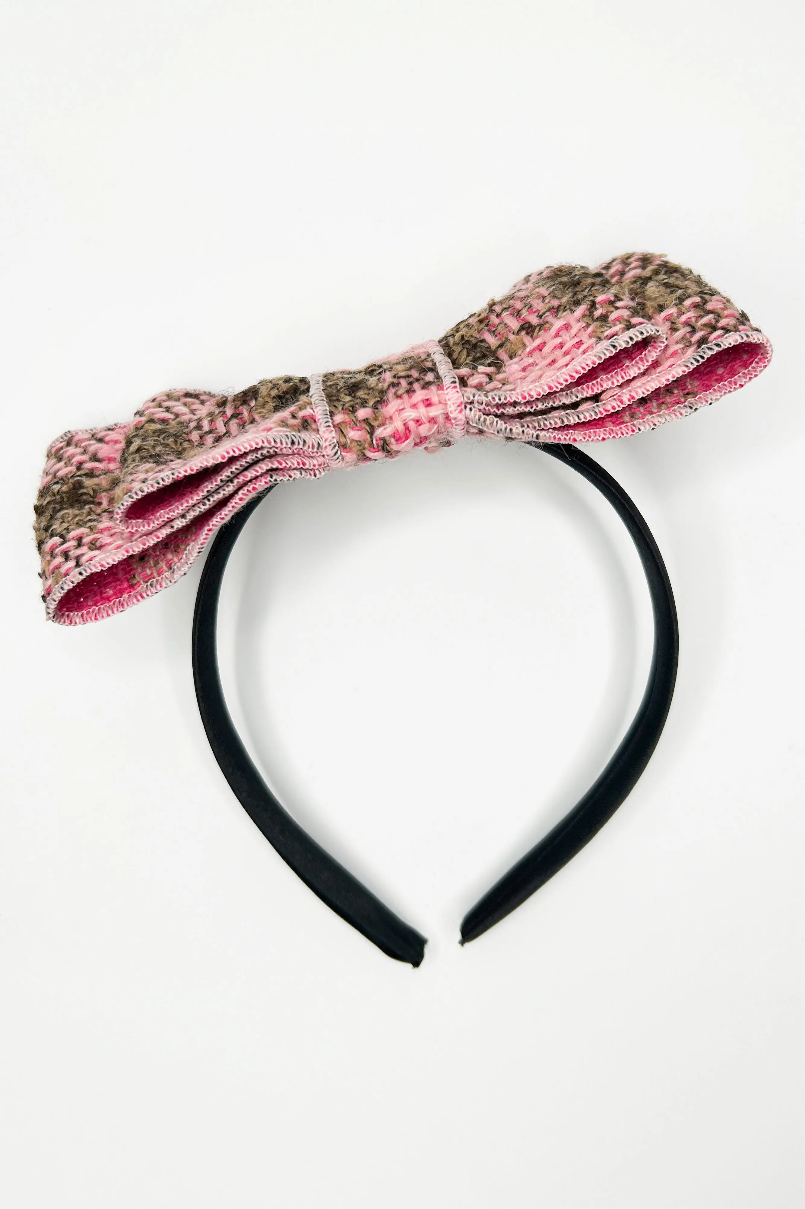 Pink & Beige Tweed Bow Headband