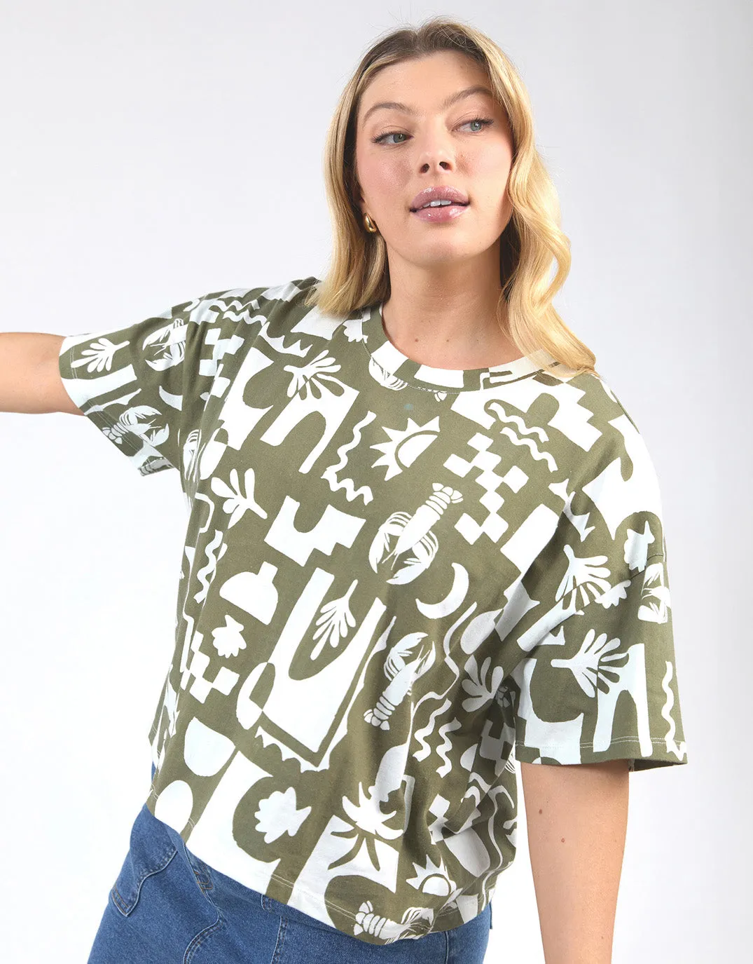 Postcard Tee - Khaki And Cream Print