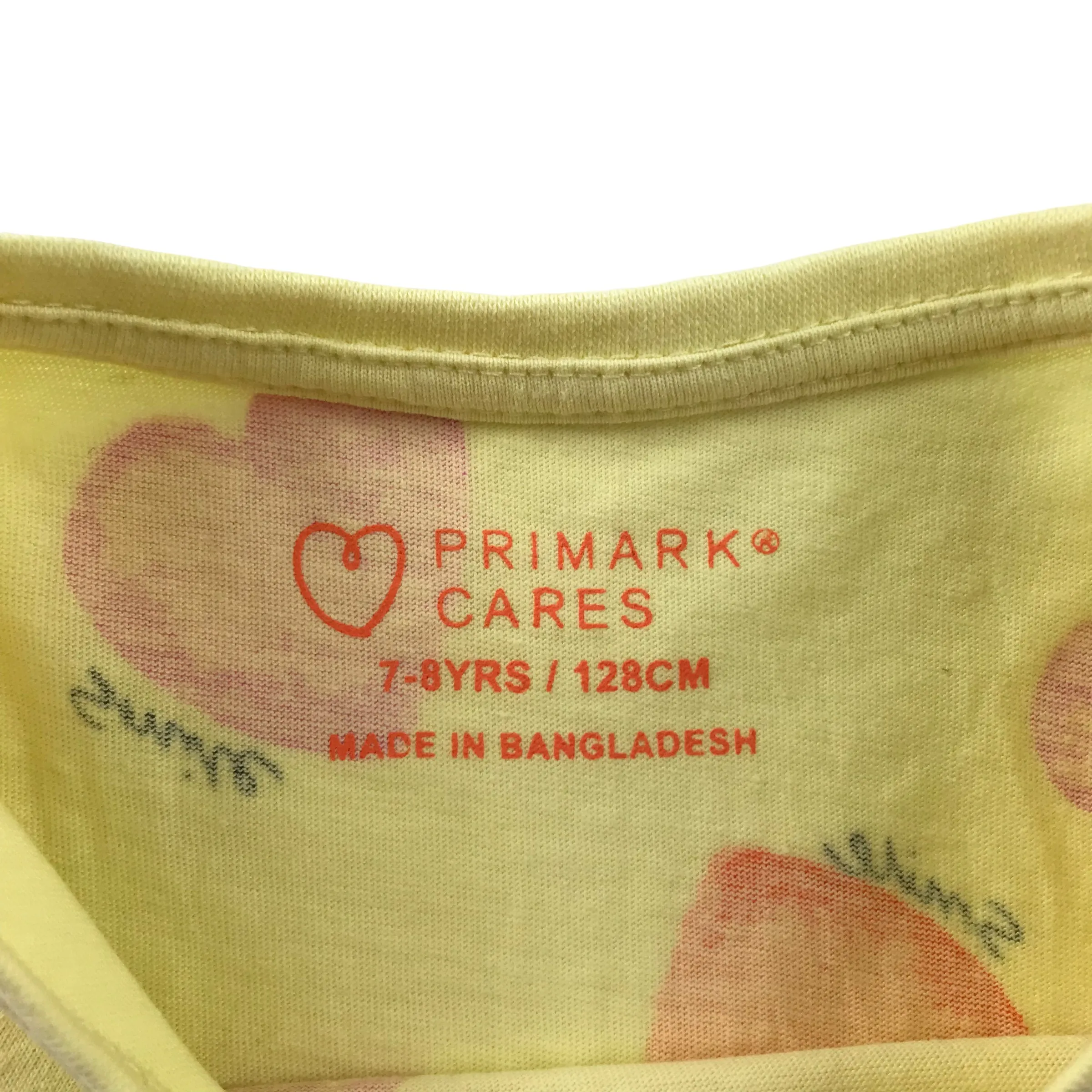 Primark t-shirt 7-8 years yellow love heart print short sleeve cotton