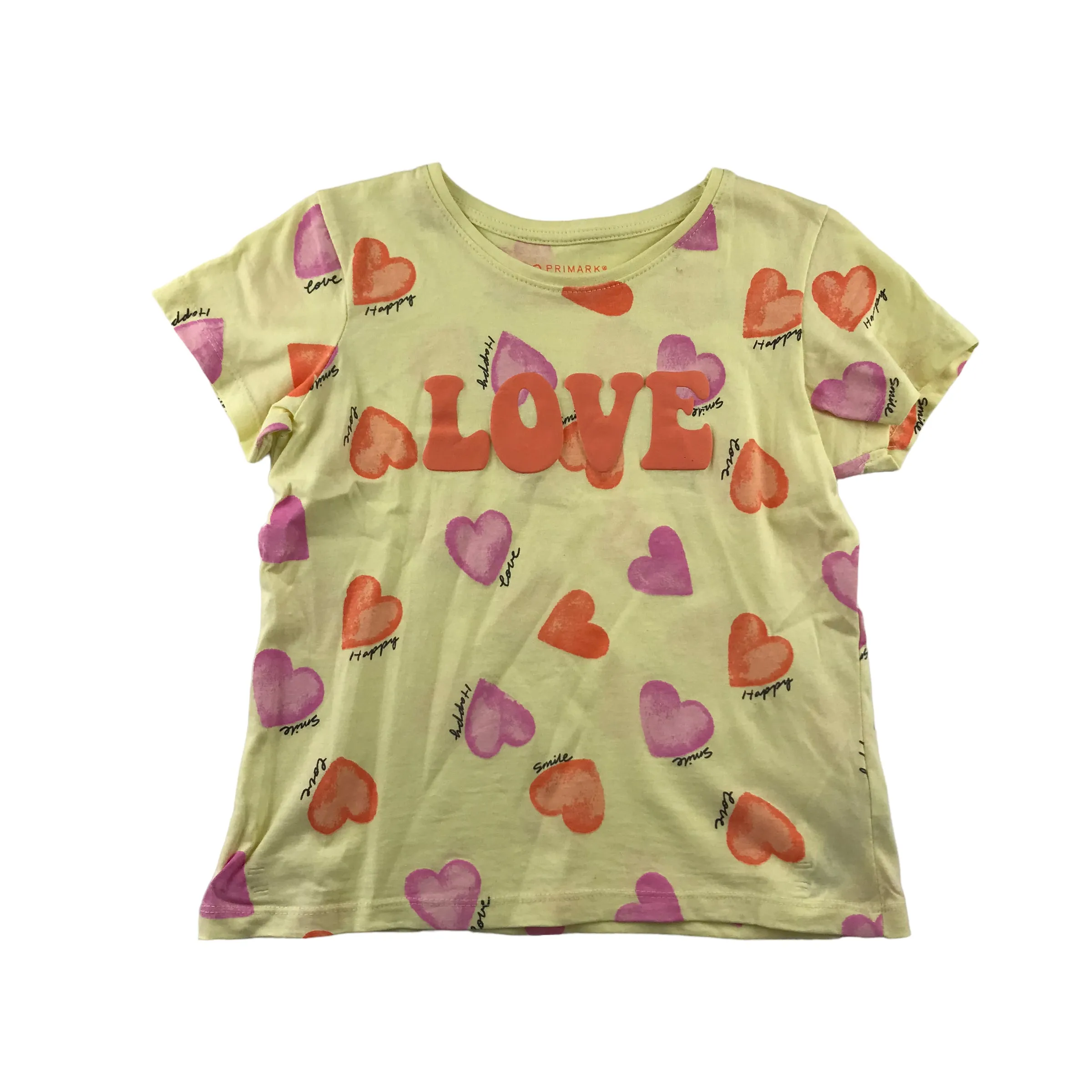 Primark t-shirt 7-8 years yellow love heart print short sleeve cotton